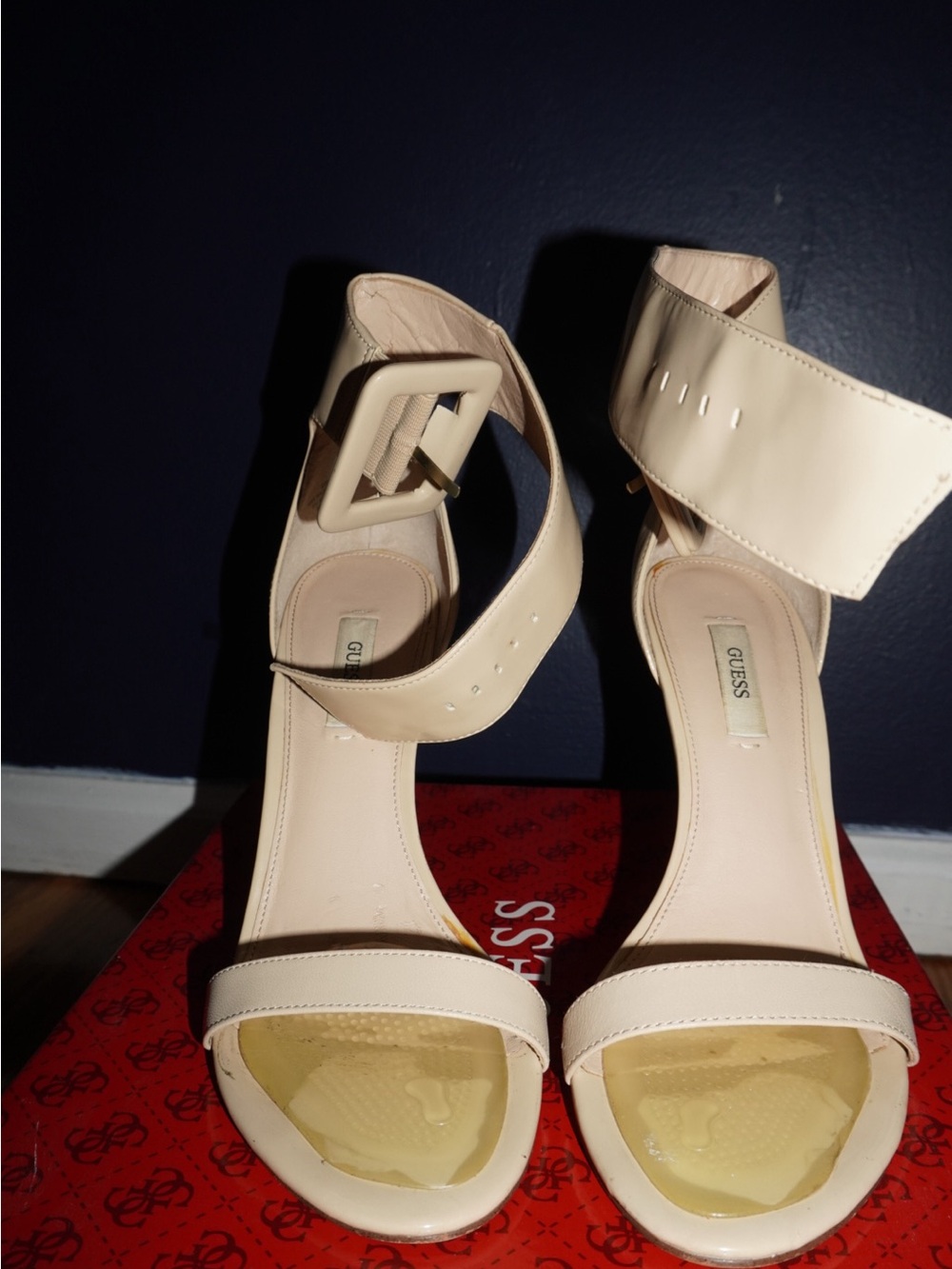 GUESS Cream Ankle Strap Block Heel Sandals